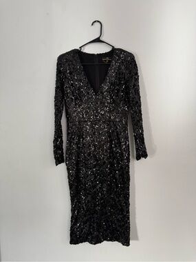 Dress the Population Black Sequin Long Sleeve V-Neck Sheath Dress